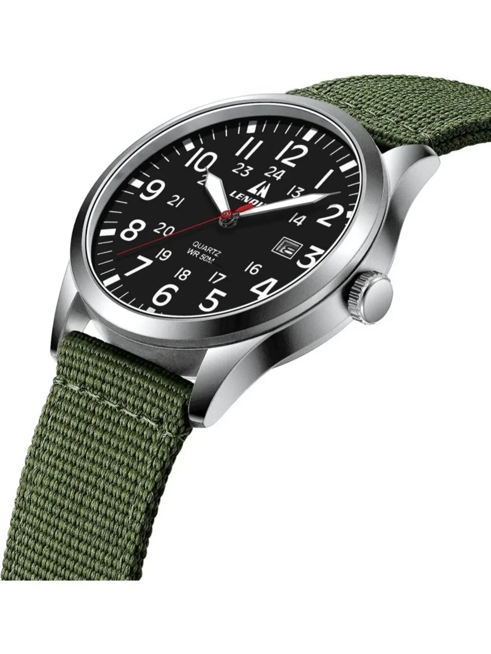 Men's Silver Green Nylon Strap Stylish Luminous Unisex Military Tactical Watch
